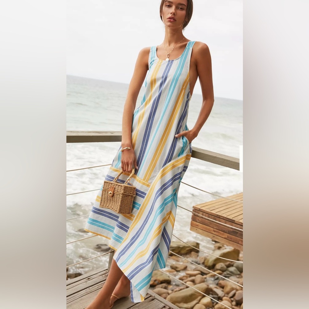 Anthropologie Striped Tank Maxi Dress in Blue, Yellow, White